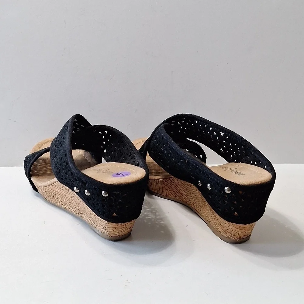 Minnetonka Black Tan Bohemian Lainey Boho Cut Out Suede Wedge Sandals Size 8